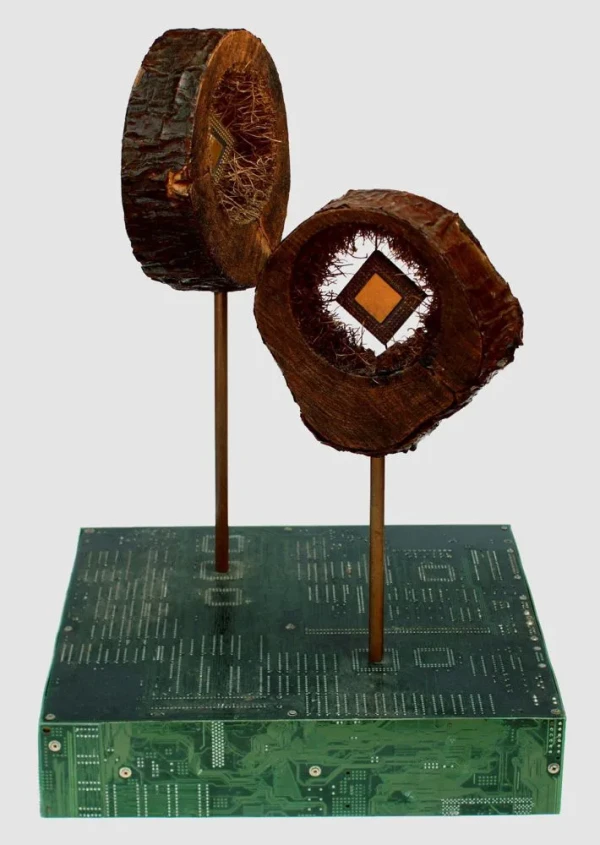 On a square base of computer motherboards, there are two dragon tree trunks with two computer microprocessors inside.