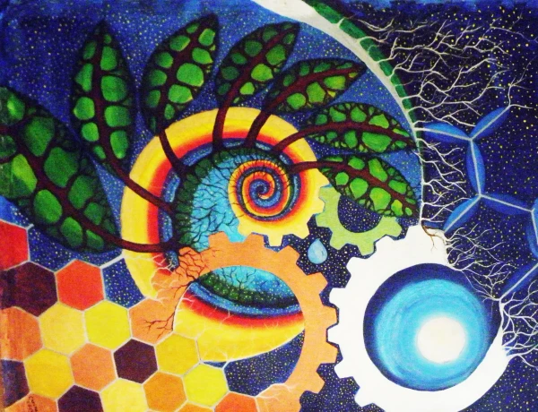 Gears connecting trees, beehives, the moon, and the universe, with a spiral at the center.