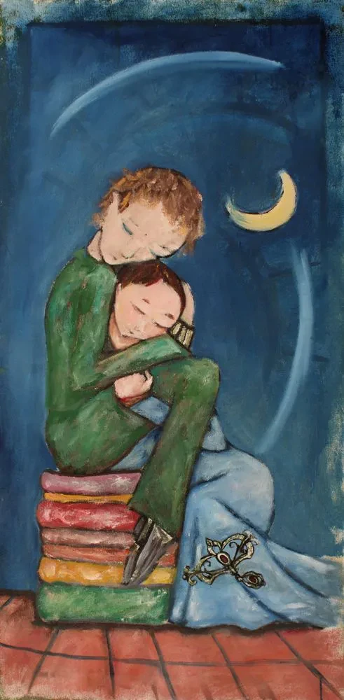 A couple embracing while sitting on a stack of books. A crescent moon shines in a blue background. She wears a traditional Portuguese pendant.