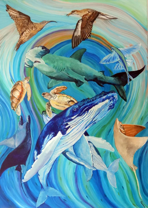 animales marinos, acrilico sobre lienzo