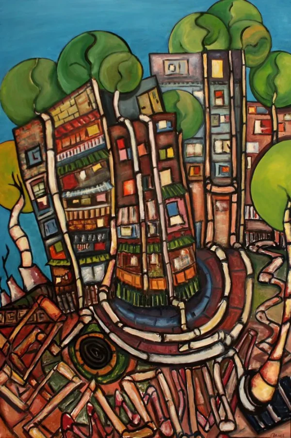 Colorful buildings with external pipes from which trees grow. An homage to Hundertwasser and his tenant trees.