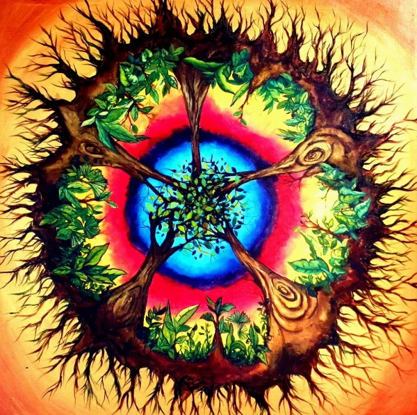 Five trees arranged in a circle, their canopies meeting at the center and rising toward the sky. Ochre, yellow, orange, and green tones.