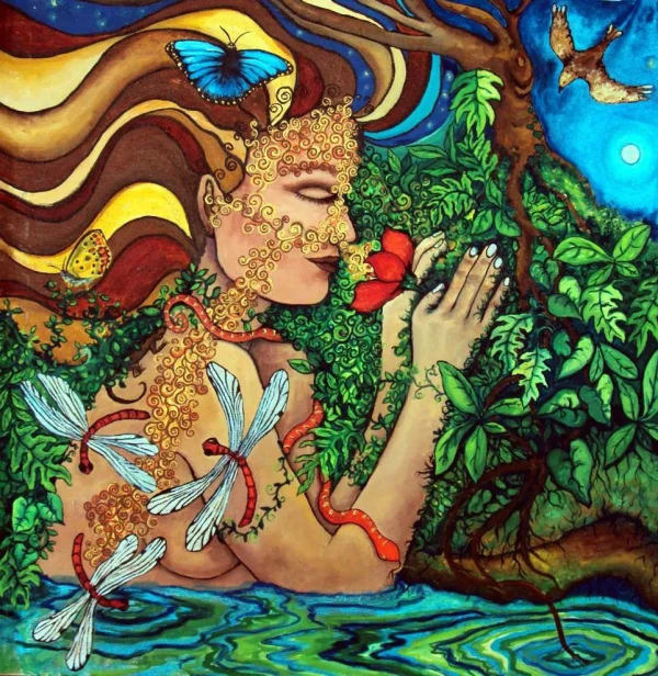 woman smells a flower submerged in water. 3 dragonflies fly around. She is surrounded by nature; a serpent around her arm. Butterflies in her hair and an eagle in the sky.