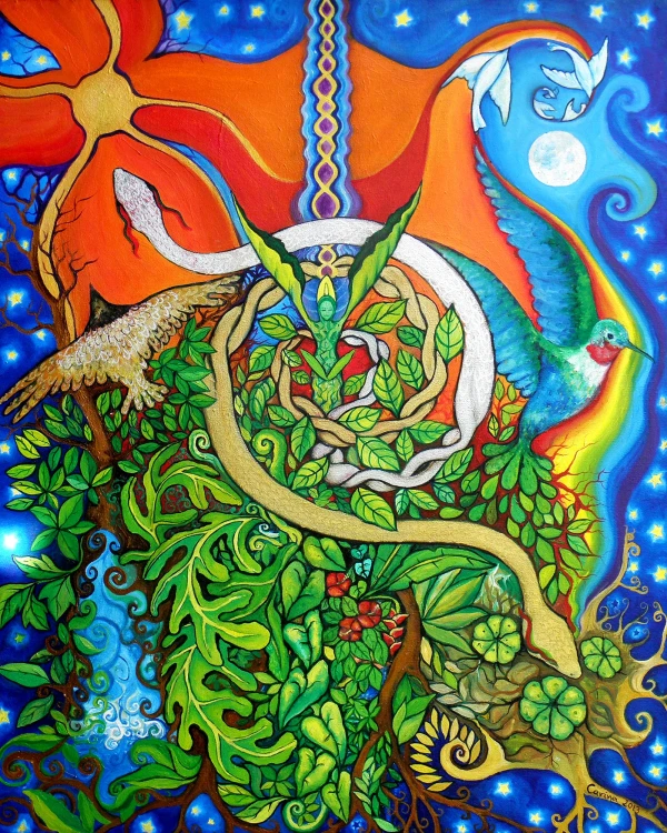 Chakruna with hand-like leaves extended toward sky. Two yagé serpents surround it. Intertwined vegetation, peyote, a hummingbird, an eagle, and birds spiraling