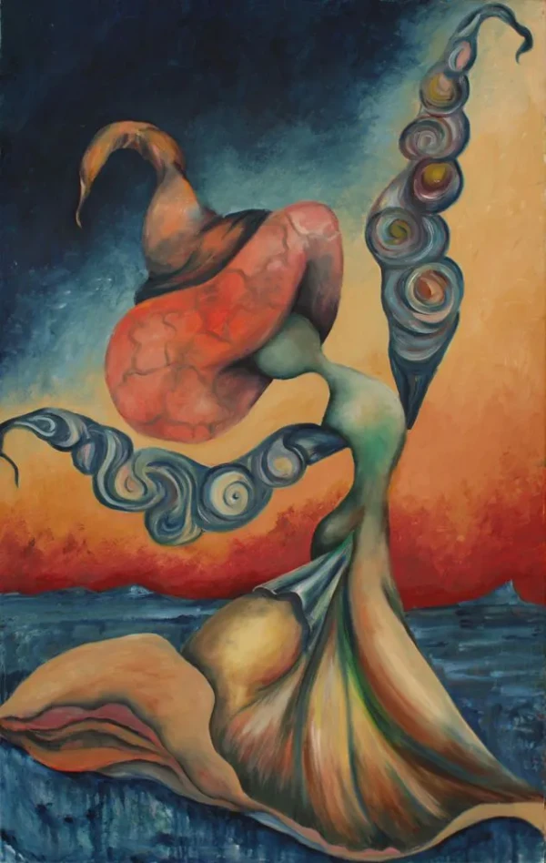 A winged plant-like figure wearing a witch's hat dances above the sea. Its hands are spirals. The background features orange and blue tones