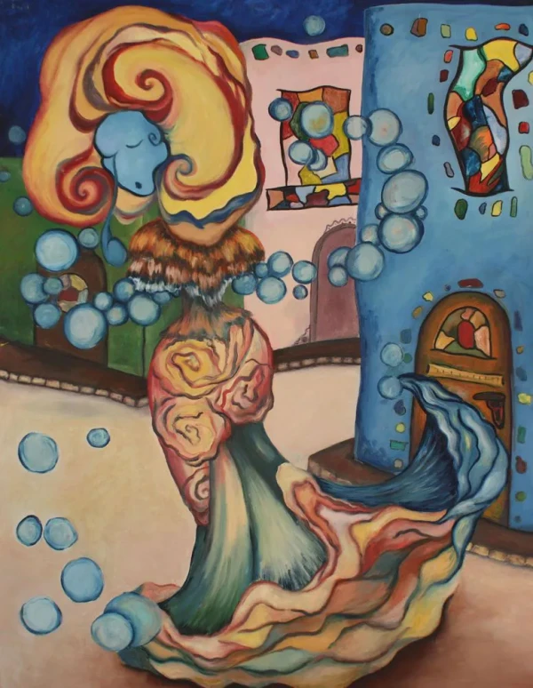 A female marine being walking among colorful buildings, wearing a ruffled dress. Her hands are bubbles.