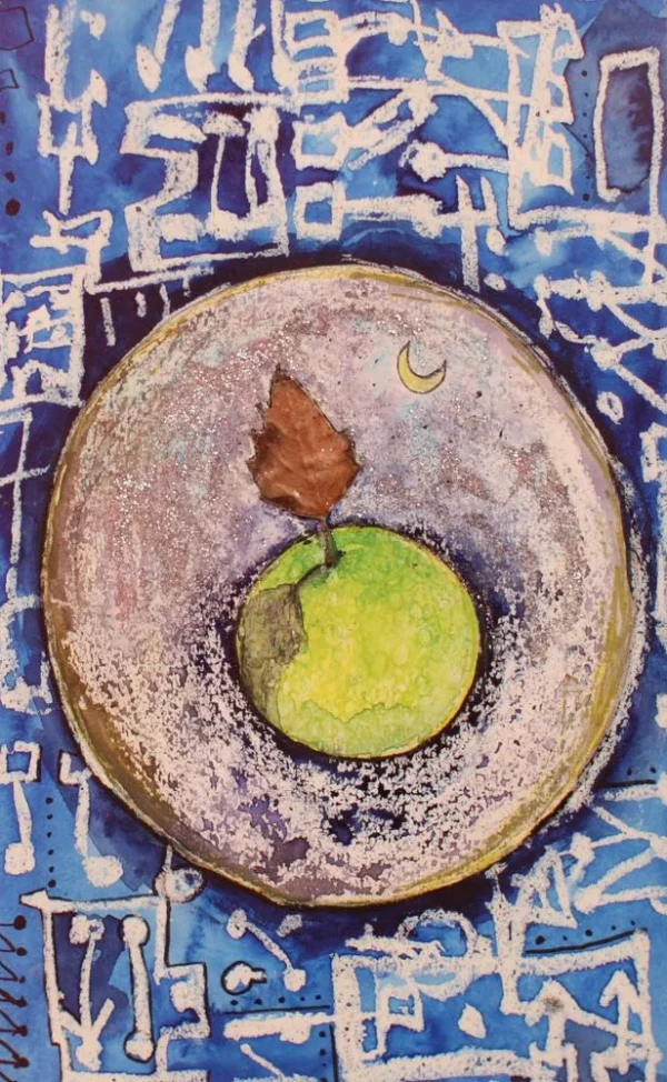 Inside the center of a bubble, a floating planet where a real leaf grows and a crescent moon is present. It is surrounded by blue tones with white linear marks