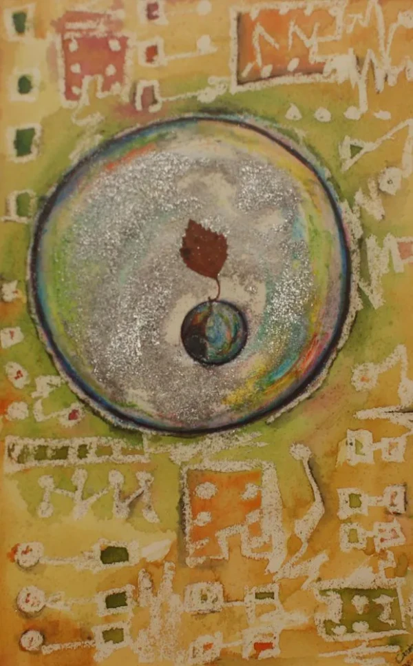 A bubble with a planet at its center containing a real leaf. It is surrounded by a sky in yellow, orange, and ochre tones with white lines suggesting connections.