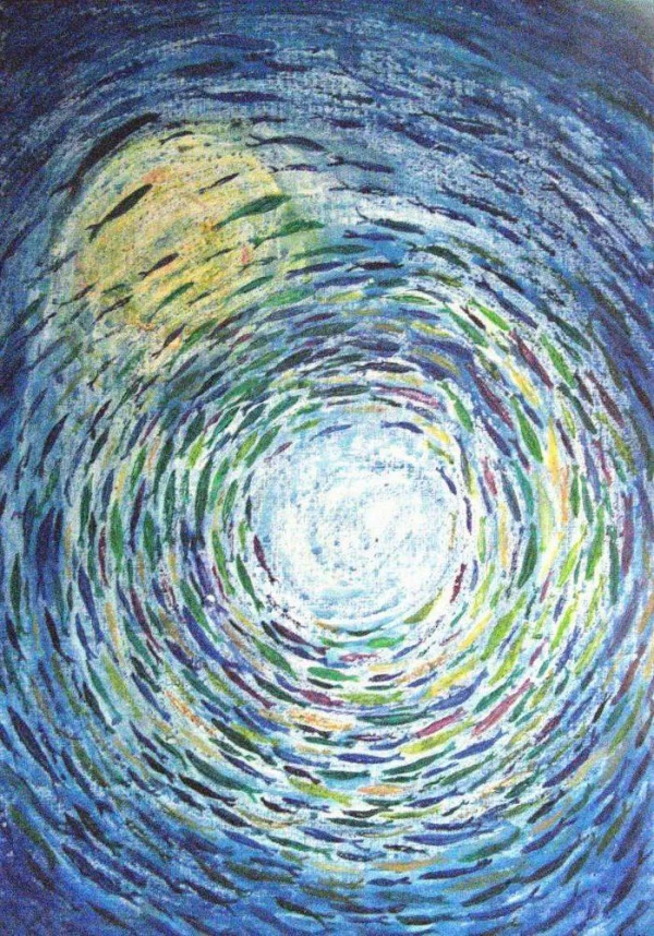 A school of fish forming a circle, in blue, ochre, and yellow tones. The sun is seen from underwater.