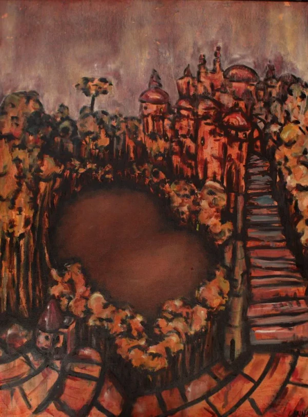 An earthy reddish landscape showing a central square surrounded by trees and buildings, with a large staircase on the right side of the scene.