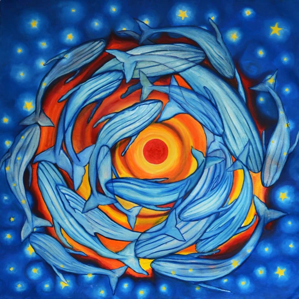 Whales swim in a circular spiral surrounded by a starry sky. At the center, the sun in orange tones; the sky and the whales in blue hues.