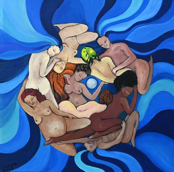 Nine women of different ethnicities and body types intertwined in a circle, their hair merging into flowing blue forms. Sisterhood.