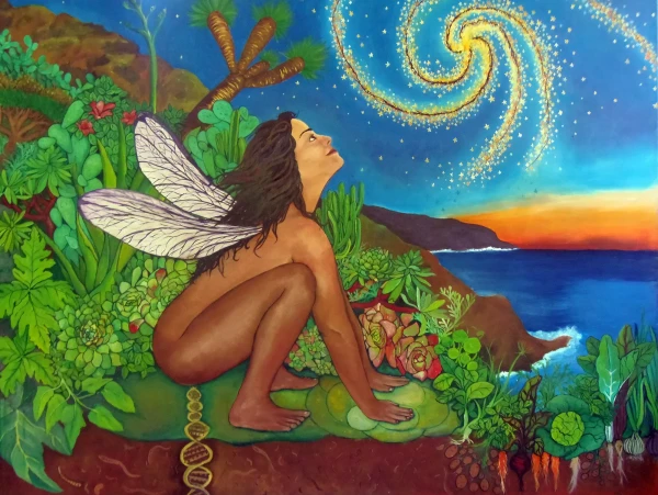 A woman with dragonfly wings places her hands on the earth. Beneath  a DNA, a garden, Canary Islands vegetation,coastline.a spiraling star-filled sky with the Milky Way.
