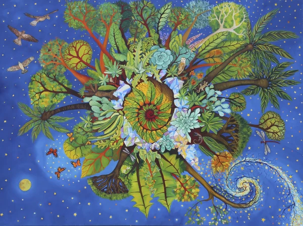At the center, a heart with a spiral of leaves, surrounded by crystals. Canary Islands vegetation and animals. Trees connected to sky and the Milky Way.
