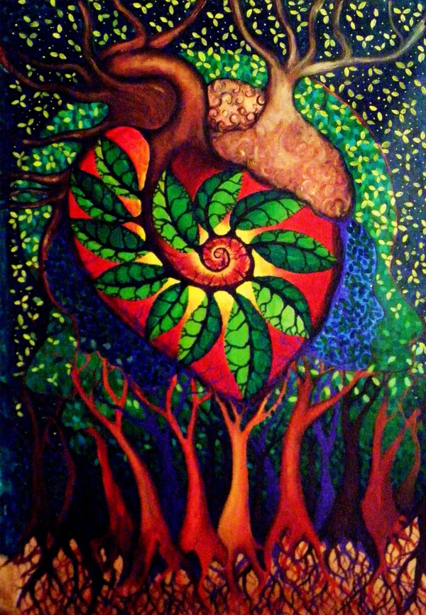 Trees hold a heart that, in a spiral, contains leaves and trees. Silhouettes of human faces surround it.