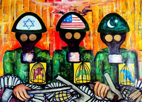 Three military wearing helmets with flags of: East, EEUU, and Israel. In their hearts, caged birds; in their hands, weapons. Critique of Palestine Gaza conflict.