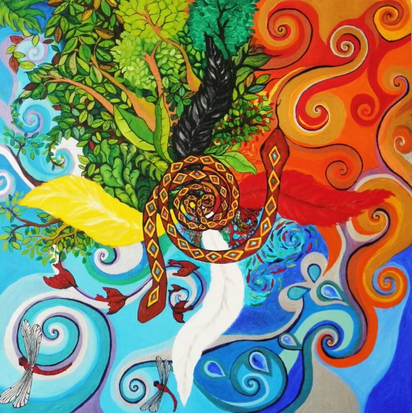 At the center, two serpents in a spiral. Four feathers in the four directions, each connected to the elements: water, air, fire, and earth, in a spiral.