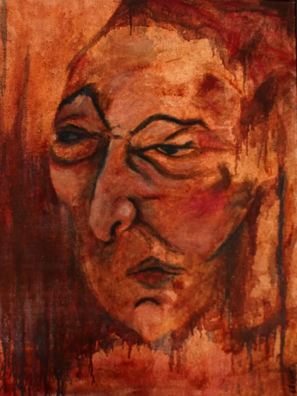 The face of Dante Alighieri with a scolding expression. Reddish earthy tones