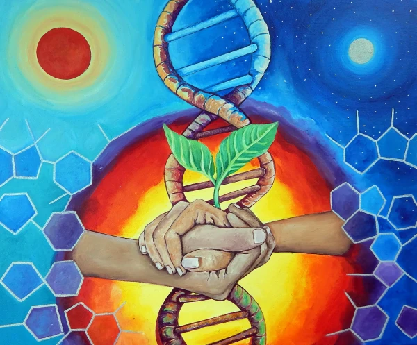 Two hands come together, one feminine and one masculine, from which a seed sprouts with two shoots, and a DNA strand intertwines up to the sky where the moon is seen on one side and the sun on the other