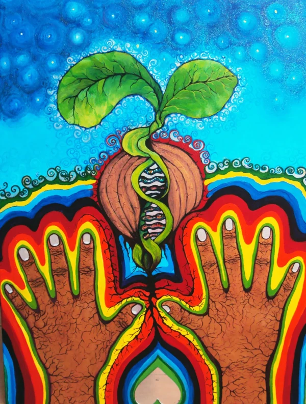 Two cracked hands surrounded by rainbows. In the center, a seed sprouts with two shoots. The sky is blue with spirals. Beneath the hands, a mirror reflecting you.