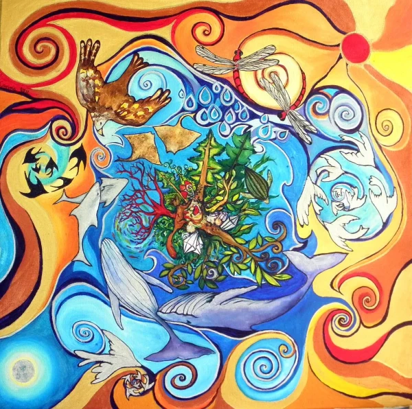 The center: Earth. Vegetation, crystals, owl and fox. Water: whales, turtles, and fish. Air: birds, dragonflies, and an eagle. The sun represents fire. Everything intertwined in a spiral.