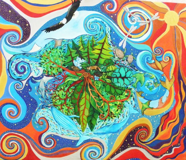 The center: Earth. Vegetation, crystals, an owl and a fox. Water: whales, rays, and fish. Air: birds, dragonflies, and an eagle. The sun represents fire. Everything intertwined in a spiral.