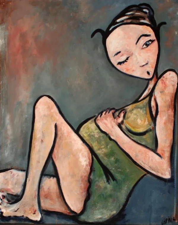 A pregnant woman looking at the viewer with a wink. Greenish-gray tones.