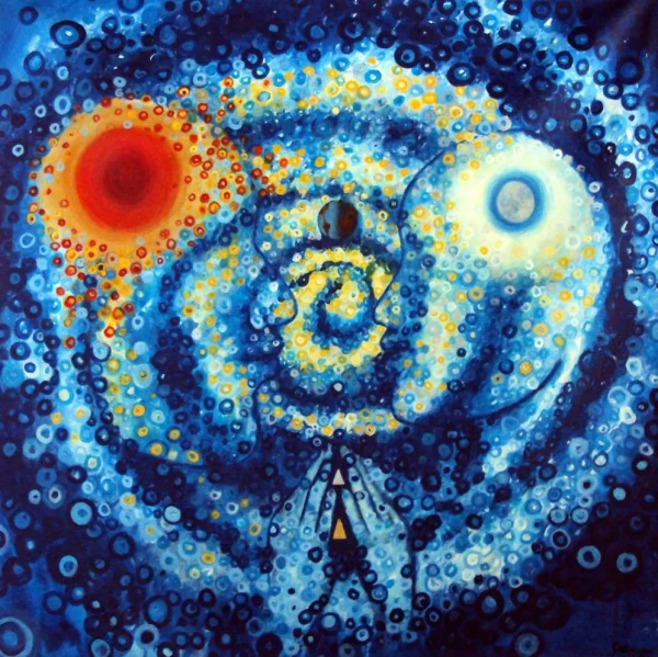 Profiles of a man and a woman in the universe, she as the moon and he as the sun. Their hands meet at the centre, holding planet Earth.
