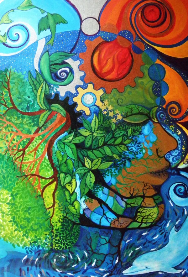 A face silhouette with gears in its head from which the elements emerge: water, earth, fire, and air. It blows toward a dolphin.
