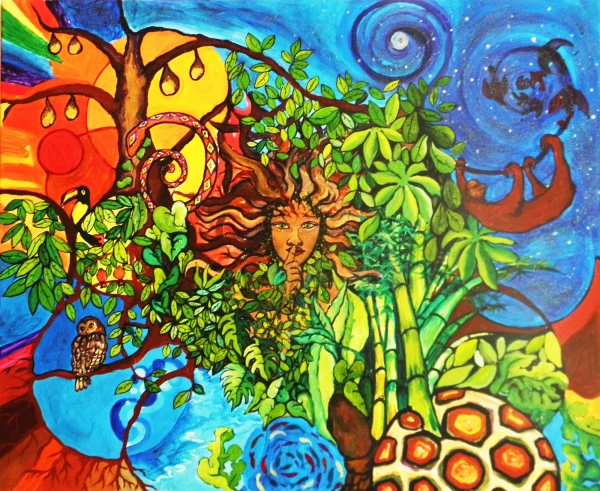 A woman with a finger over her mouth signals silence. She is surrounded by vegetation and animals, water with fish, and a spiral night sky.