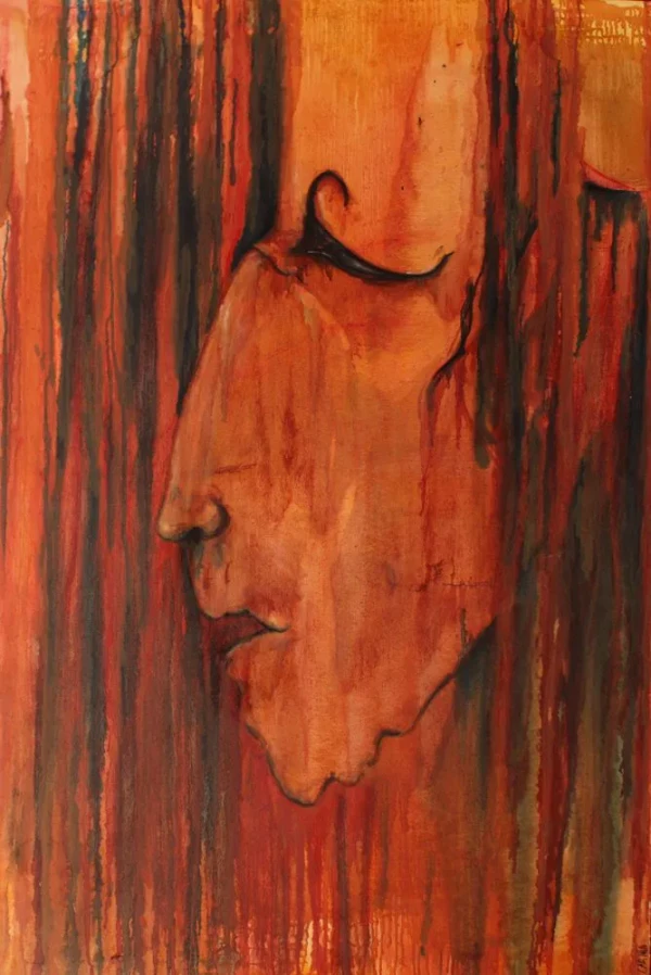 A silhouette of a man’s face with a sad expression. Earthy reddish tones dripping.