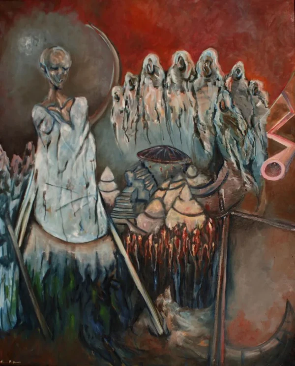 On the left, a solemn figure in a grey cloak stands against a red background. Ghostly spectral figures emerge in the distance in muted grey tones