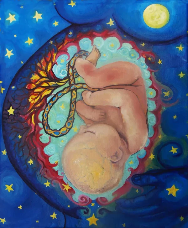 Una embarazada, se ve el bebé dentro de la barriga conectados por el cordón umbilical, en pezón de la mama es la luna llena. Fondo cielo azul estrellado
