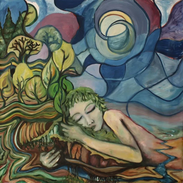 A woman sleeps embracing a forest; she is part of nature, a mountain and a river. The sky forms spirals with a crescent moon.