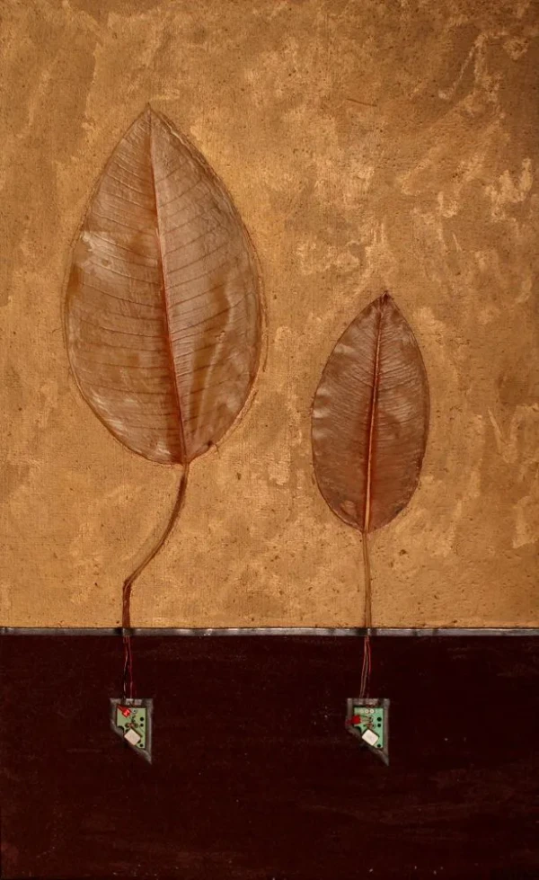 A golden background with a tin horizon, two real leaves sprouting from electronic chips.