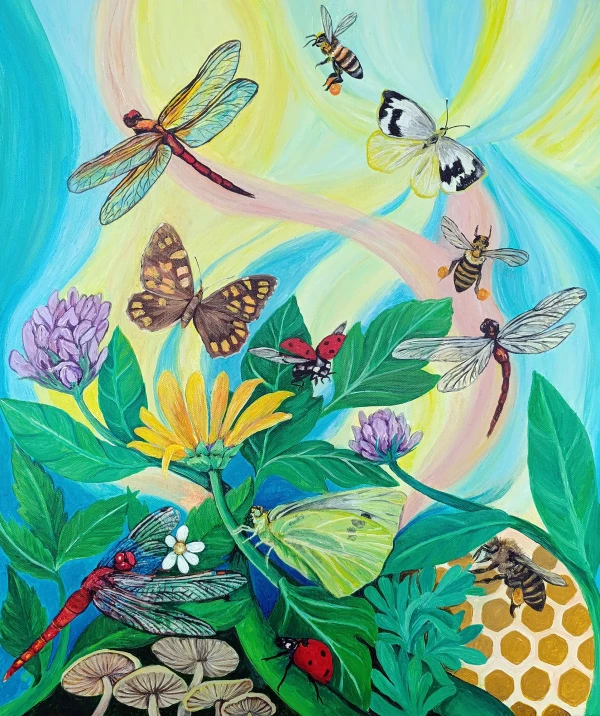 A garden with flowers and insects (butterflies, dragonflies, ladybugs, bees) intertwined