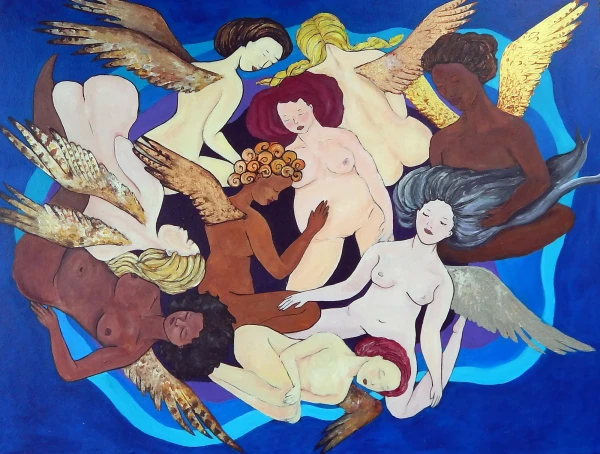 A dance of winged women intertwined, unity, sisterhood, mutual support