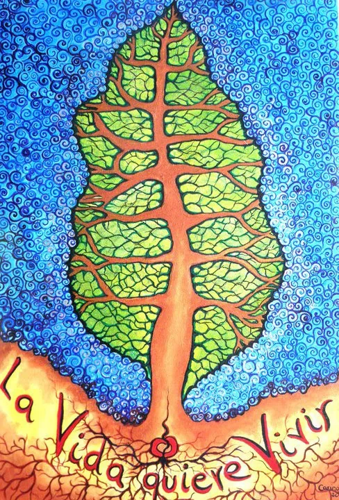 A tree from which blue spirals emerge. In the earth, a message: life wants to live.