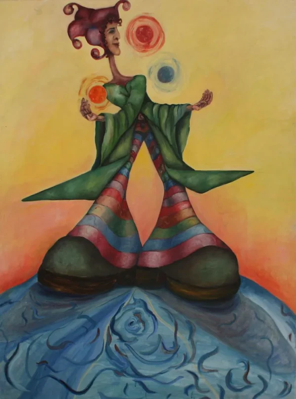 A jester with giant feet juggling while balancing on a blue ball. Colorful tones.