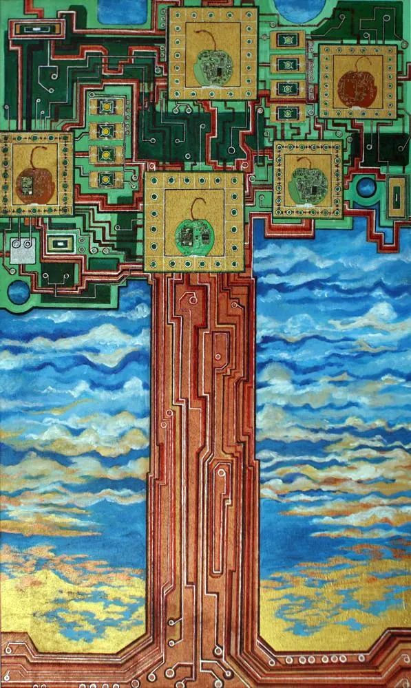A tree made of straight lines like electrical connections, its crown like a computer motherboard with apple-shaped chips. Cloudy blue sky.