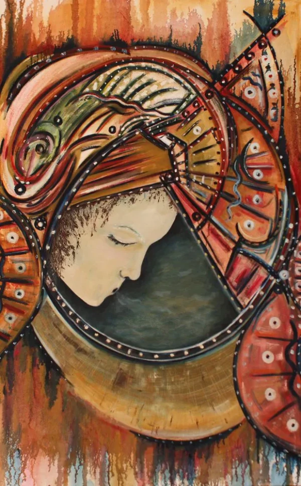 A woman’s face wearing a diving helmet blows water, in reddish, ochre, and gray tones.