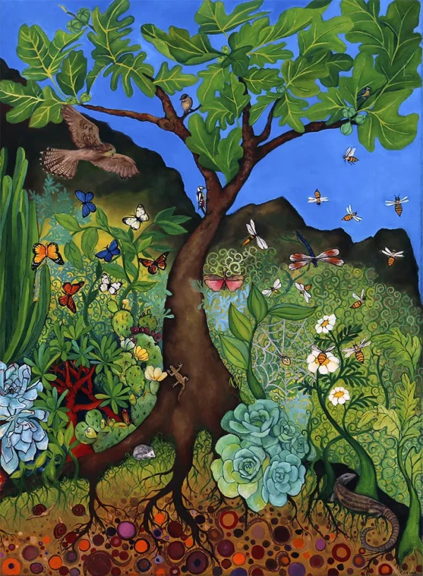 A fig tree, Canarian vegetation: verodes, tabaiba, cardón plants. Insects fly in a spiral: bees, butterflies, dragonflies. kestrel, Canary gecko, hedgehog