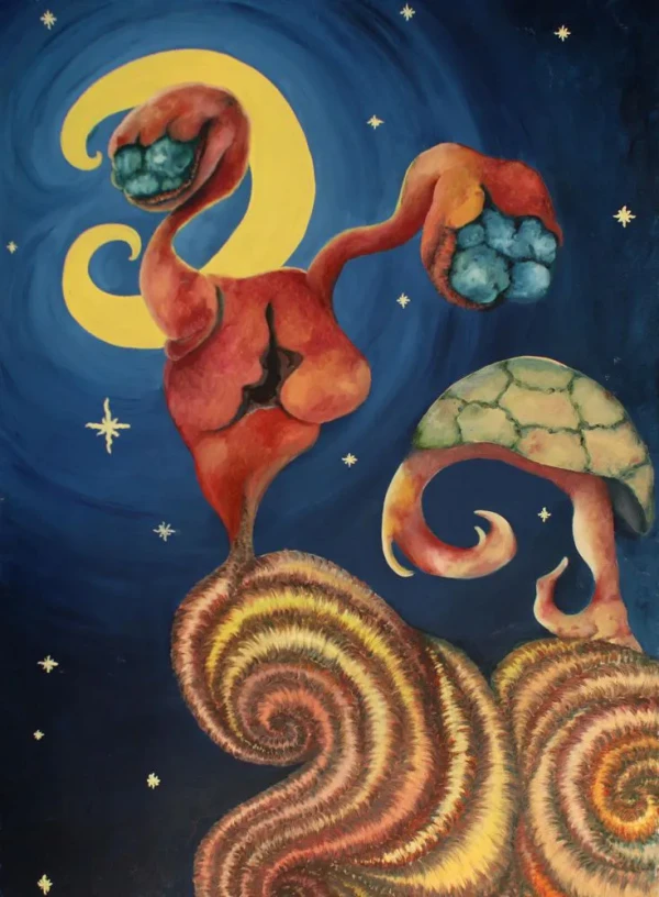 A figure with a snail and turtle head stands on a base of spiral snail-like forms beneath a blue sky with a strange crescent moon and stars.