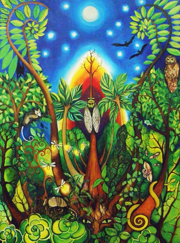 A cicada in a tree at night, among other trees. Nocturnal animals surround it: fireflies, a snake, moths, bats, a skunk, an armadillo, and a jaguar