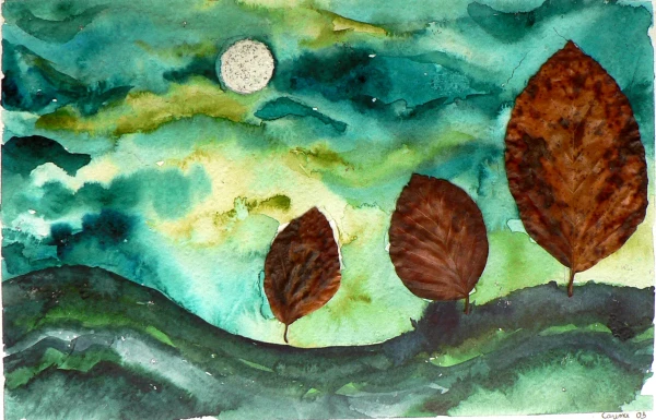 Hills in greenish and bluish-gray tones, trees made of real leaves, and a full moon in the sky.