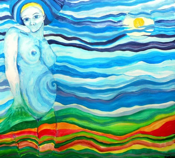 A woman half sky, half earth, without a mouth, her hand touching the earth. A blue sky with a full moon.