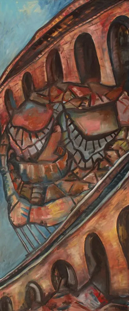 A landscape of Roman-like ruins forming a human face with closed eyes. Reddish earthy and gray tones.