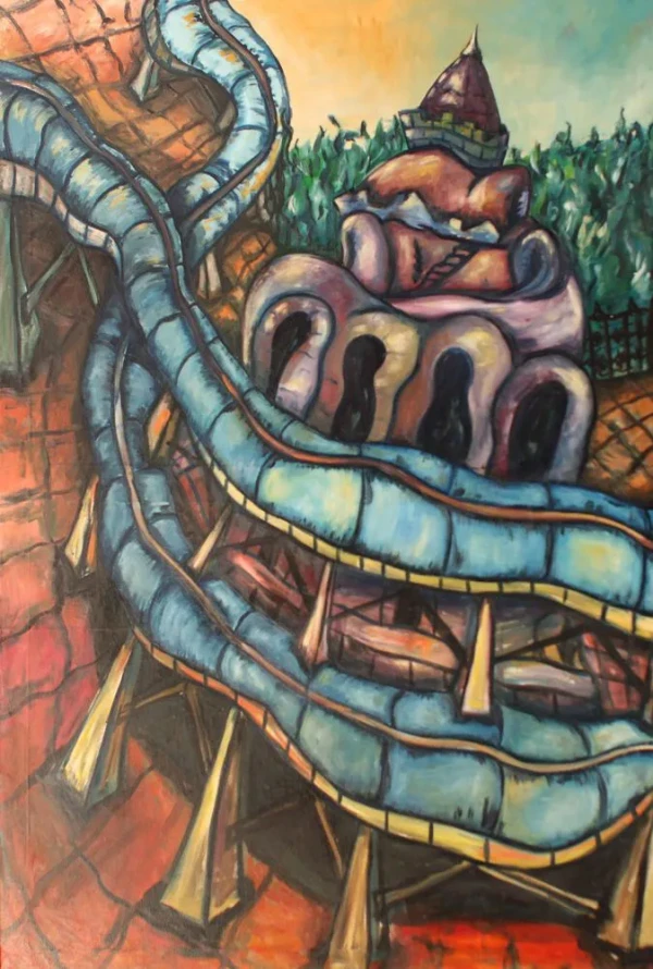 Floating highways and a Gaudí-style building with a background of vegetation. Rounded, undulating forms. Bluish, earthy, and violet tones.