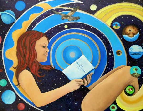 a woman reads a book titled "patriarchy kills". She is surrounded by planets and bubbles with messages, while a kestrel flies overhead