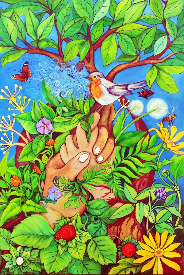 An adult hand holds a child’s hand. Perched upon them, a robin sings. They are surrounded by vegetation, strawberries, tedera, tithonias, butterflies, and bees.